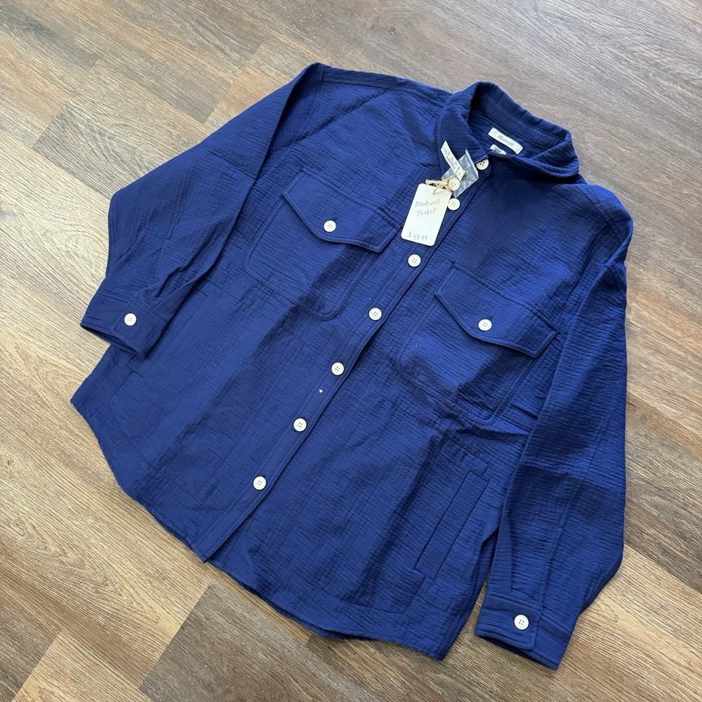NWT Madewell Super Oversized Shirt Jacket Passport‎ Blue Sz L Comfy Cute